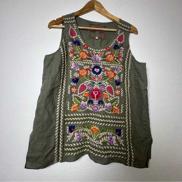 Johnny Was Embroidered 100% Linen Olive Green Sleeveless Blouse - Picture 2 of 9
